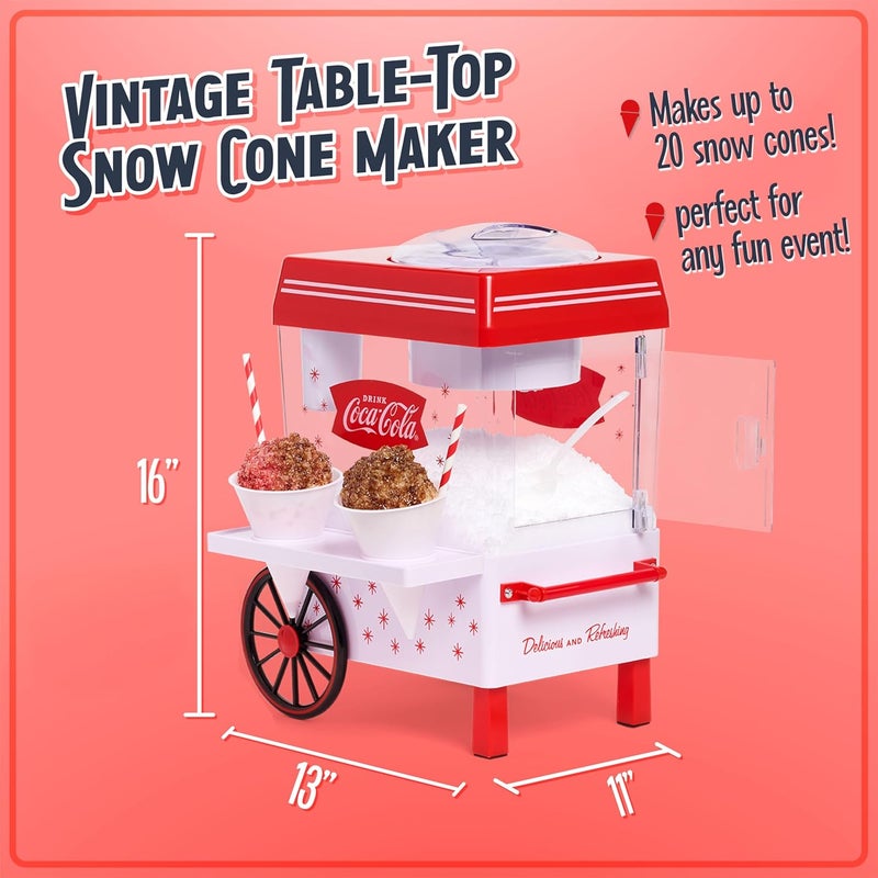 Nostalgia Coca-Cola Snow Cone Shaved Ice Machine - Coke Retro Table-Top Slushie Machine Makes 20 Icy Treats - Includes 2 Reusable Plastic Cups & Ice Scoop - White & Red - Image 2